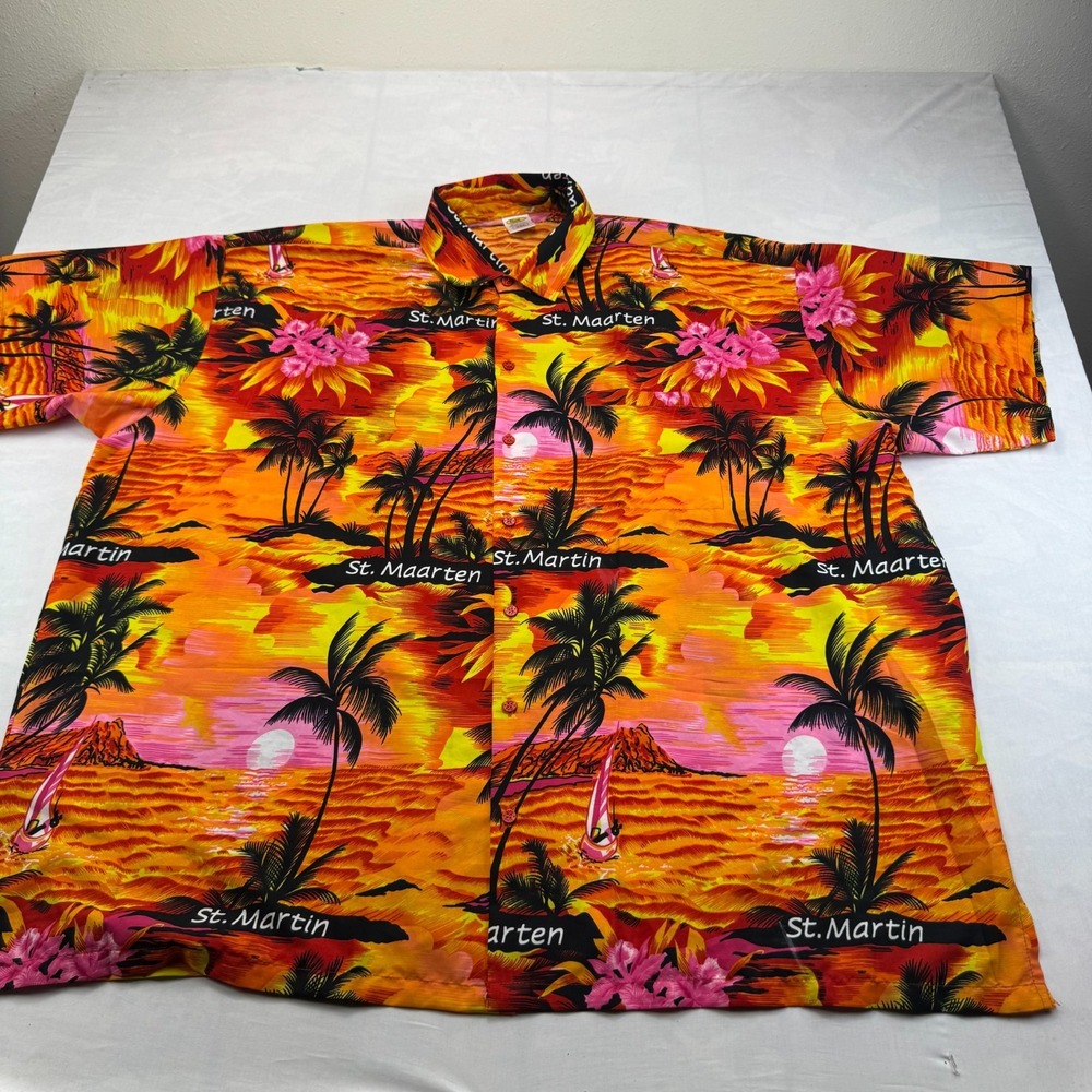 Rima Beachworld St. Maarten Sunset Palm Tree Hawaiian Shirt Mens 3XL Multicolor
